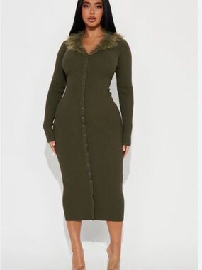 Fashion Nova Olive Ribbed Button-Front Faux-Fur Trim Midi Dress